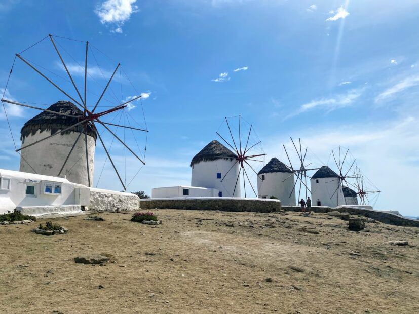 White Windmills without sails on the Greek Island of Mykonos