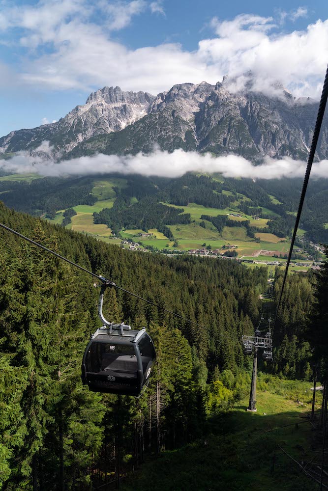 Riding the cable car up The Asitz Mountain 