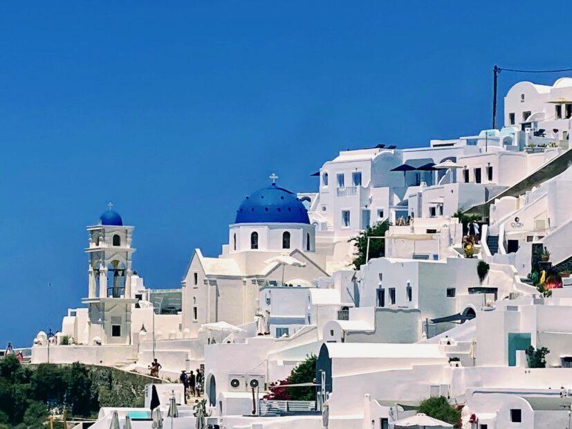 blue domed church roof on Santorini island in Greece