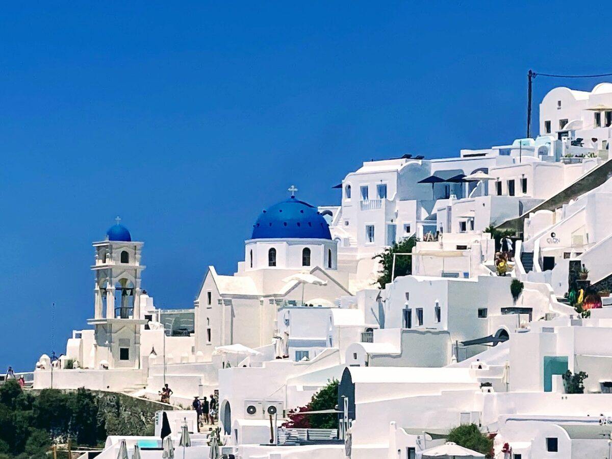 The famous blue domed roof tops of Santorini