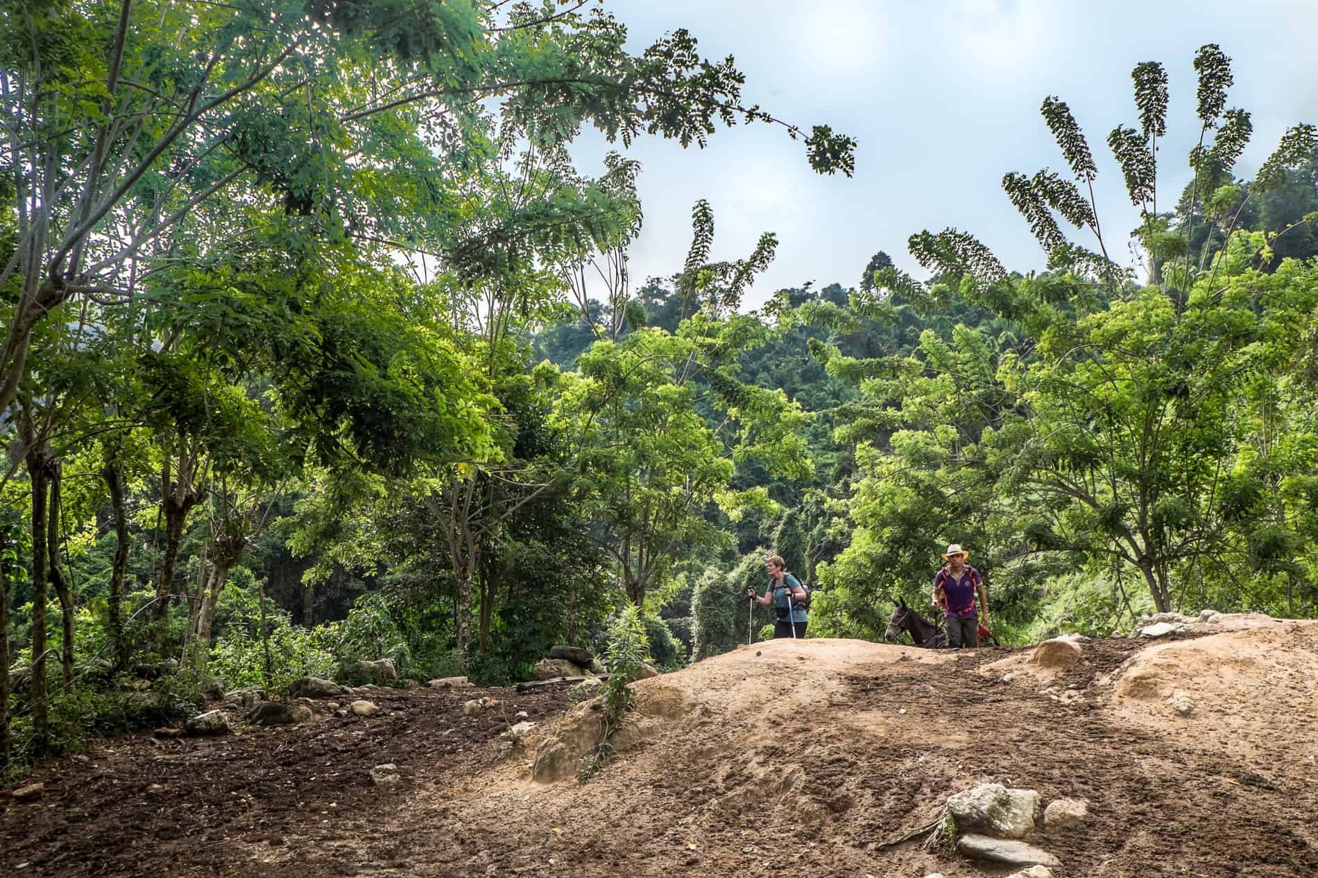 Two trekkers tackle hilly, rugged terrain on the Lost City trek in Colombia.