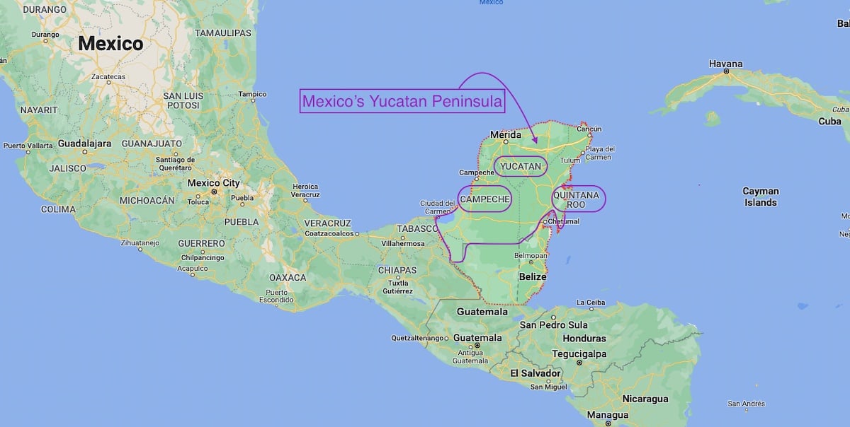 Map of Mexico Yucatan peninsula including Yucatan State, Campeche State and Quintana Roo State