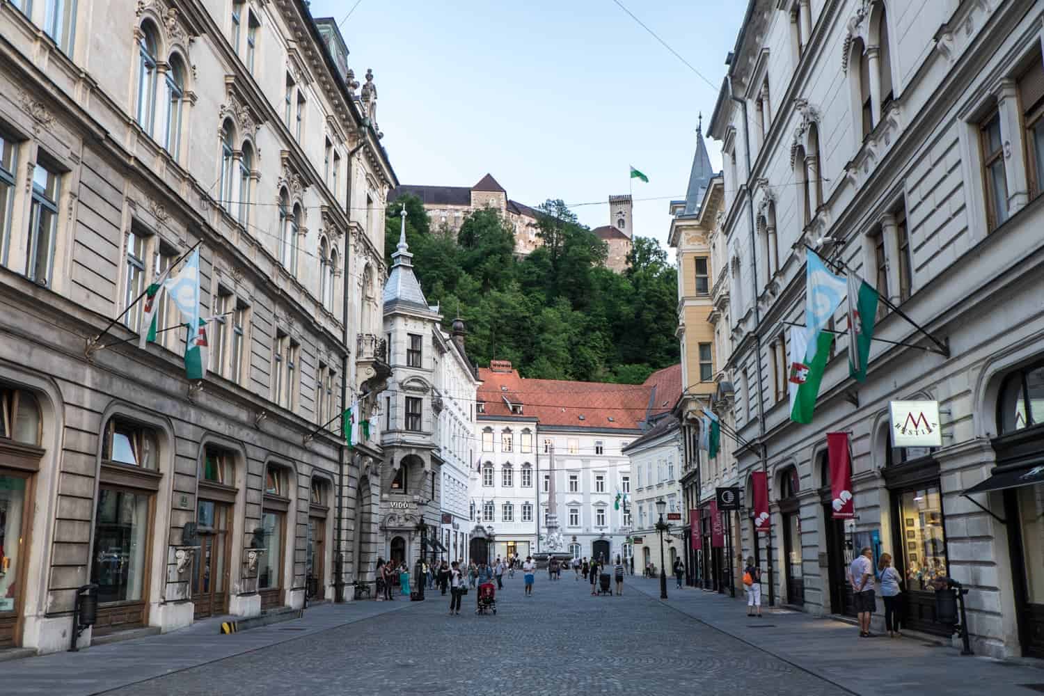 Street view to Ljubljana castle on the hill